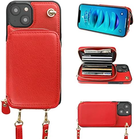 Caixa de carteira bocasal de crossbody para iPhone 14, estojo de bolsa de couro de bloqueio de RFID com suporte de cartão, tampa de chinelos de bolsa de proteção com zíper pulverizando cordão para mulheres 5g 6,1 polegadas