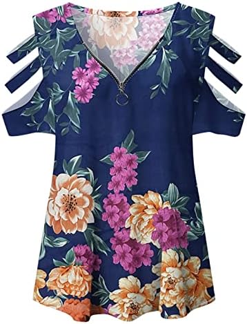 Camisa Top de pescoço em V para mulheres do ombro de manga curta 2023 impressão gráfica de algodão Floral Up Tee AA