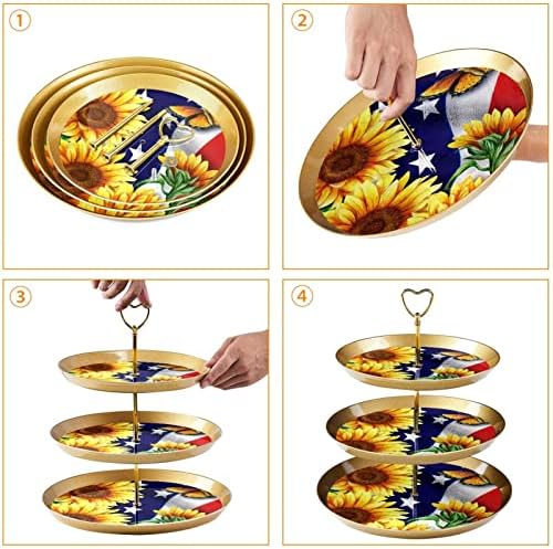 Conjunto de exibição de mesa de sobremesa, suporte de cupcakes de ouro, estandes de sobremesa, bandeja de porção de 3 camadas, suporte de bolo de xícara, suporte para bolo de casamento para mesa de sobremesa, bandeira americana de girassol na borboleta