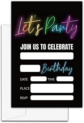 Invitados de aniversário de luzes de neon, 20 cartões de convite com envelopes, convites para festas de aniversário