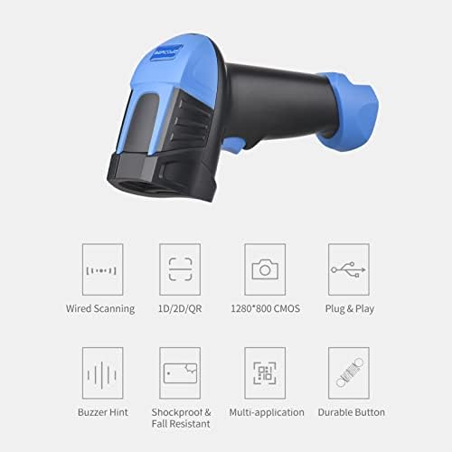 Scanner de código de barras com fio Huiop, Scanner de código de barras 1D/2D/QR Scanner de código de barras USB Manual de código de barras com fio USB manual do leitor/acionamento automático Vcanning CMOS Sensor de imagem Código de papel/código da tela PDF417 Compatível com Windows