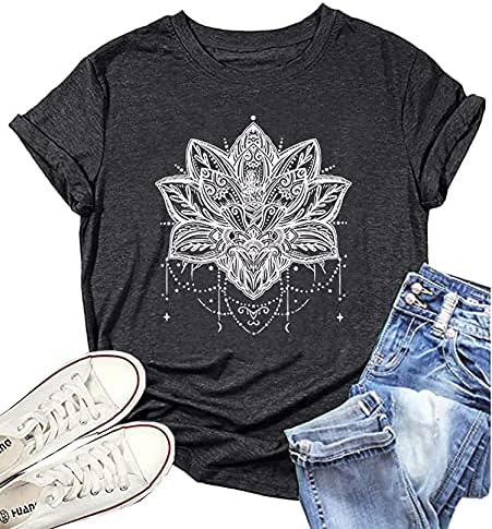 Camisa mandala para mulheres lotus flor gráfica camisetas de manga curta casuais tamas de camisetas