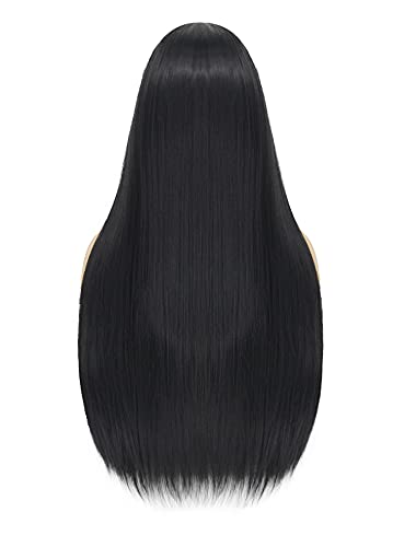Jiy Morticia Addams peruca longa perucas retas pretas para addams Família figurina de figurino intermediário da parte do meio da festa do Halloween Jy001bk
