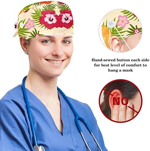 Enfermeiro limpar cabelos longos, flores com abacaxi tampa de trabalho ajustável com botões e scrunchie de cabelo arco