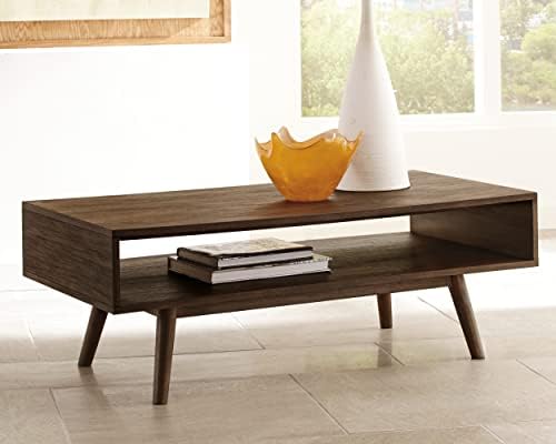Design de assinatura de Ashley Kisper meados do século Modern retangular mesa de café com prateleira de armazenamento aberto, marrom escuro marrom