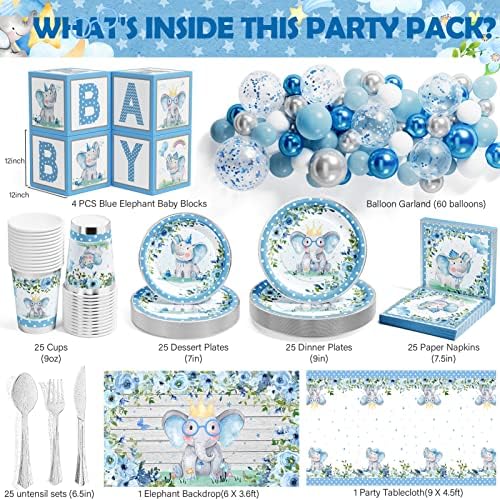 Decorações de chá de bebê de elefante Ecomore para menino menina, 245 PCs Blue Revele Gênero Revelar suprimentos para festas