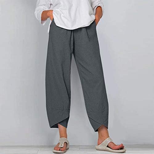 Calças Yubnlvae para mulheres de altura de cintura alta calças de linho de algodão solto com bolsos calças casuais sólidas da moda
