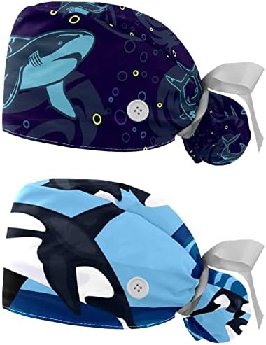 2 PCs Capinha de trabalho com Button Ocean Cute Sharks Padrão Navy Ajustável Chapéus de bolsa de rabo de cavalo para