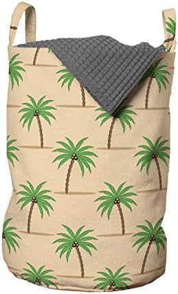 Bolsa de lavanderia de oásis de Ambesonne, palmeira repetitiva com cocos em galhos, cesta de cesto com alças fechamento