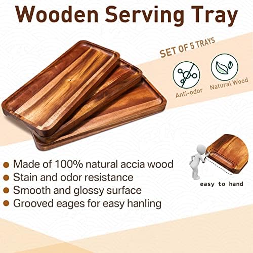 5 Pacote de bandejas de madeira de madeira sólida, 14 x 5,5 polegadas de madeira retangular para o aperitivo de alimentos que servem placas de bandeja para vegeta
