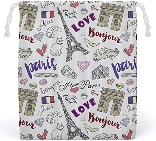 I Love Paris Canvas de armazenamento Bolsa de armazenamento reutilizável Saco de bolsa de cordas de cordão para viagem para viagens