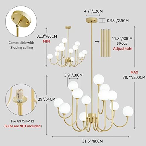 Quoobe ouro moderno 12 lustres de vidro leves, lustres de luminária pendente de teto sputnik para sala de jantar da sala