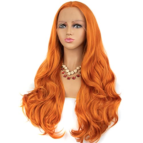 Coralgend Lace Orange Lace Front Wig Free Parte Longa Gengibre ondulado laranja Lace sintética perucas dianteiras para mulheres perucas de reposição de cabelos de renda de gluia pré -arrancada resistente ao calor 24 polegadas 150% densidade