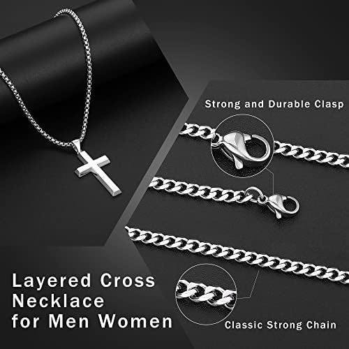 Colar cruzado para homens, aço inoxidável prata prata preto em camada em camadas de colar de pendente de corrente para