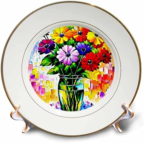 Flores de jardim 3drose em um vaso de vidro na mesa redonda azul em presente de verão - pratos