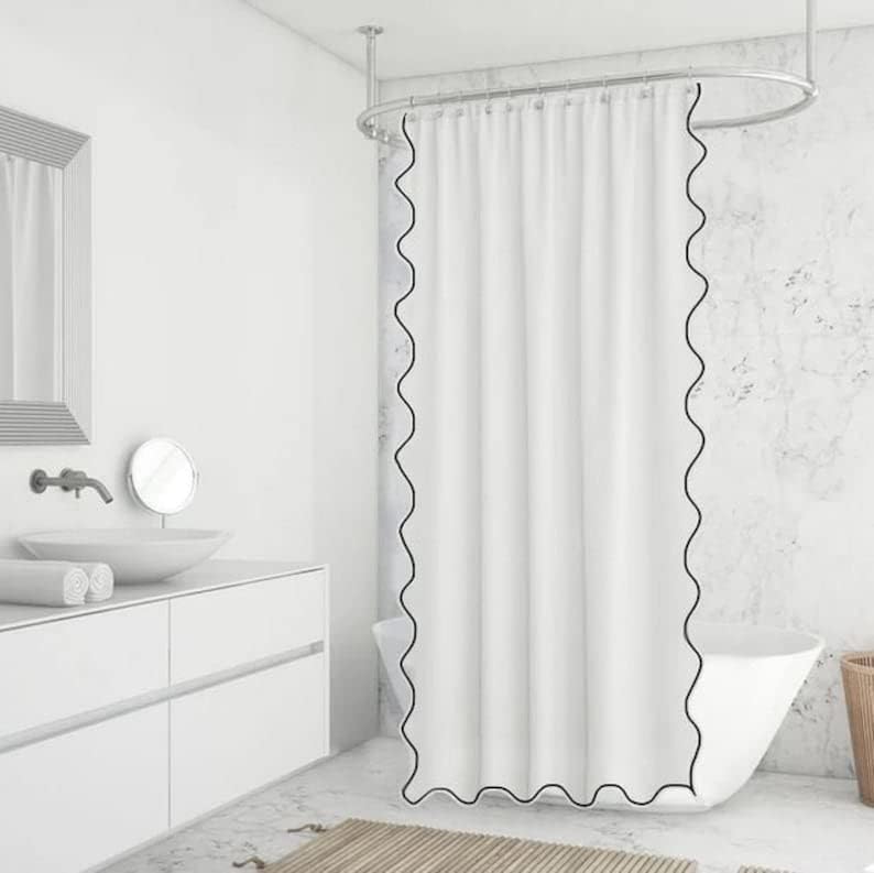 Decoração da casa dos ilhós brancos com cortinas de chuveiro de borda recortada preta 72 x 84 cortina de chuveiro