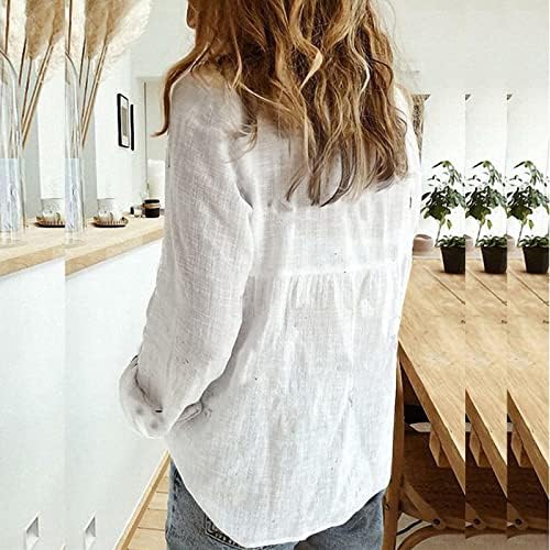 Camisas do botão de linho de algodão de verão feminino, 3/4 de manga casual casual fixo solto lapela vintage tee top