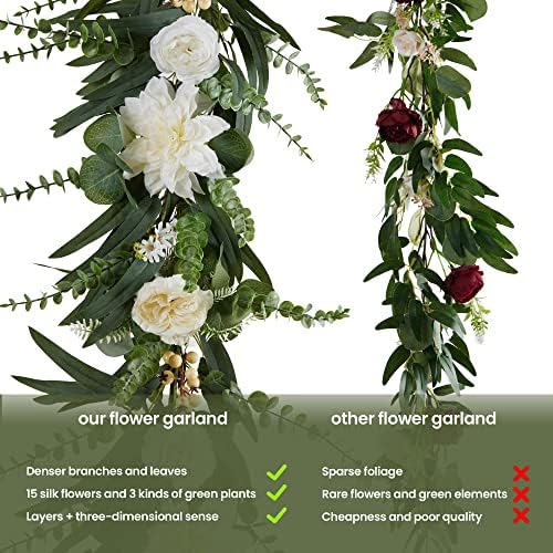 Garland de Anna de 8,85 pés de Eucalyptus com flores, Roses Dahlia Garland para Jantar de Ensaios para Ensaios de Casamento