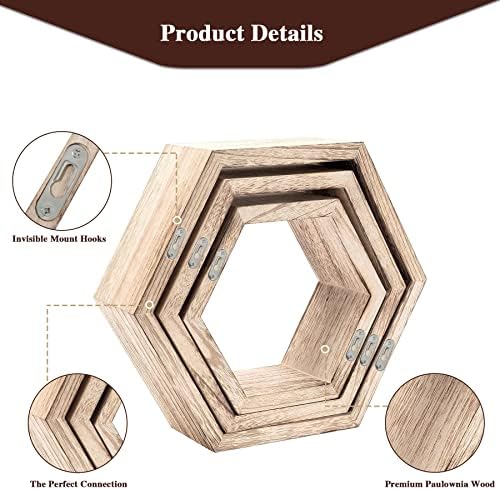 C & Ahome Hexágono Prateleiras flutuantes, prateleira de armazenamento montada na parede de 3 pacotes, prateleiras de favo de madeira