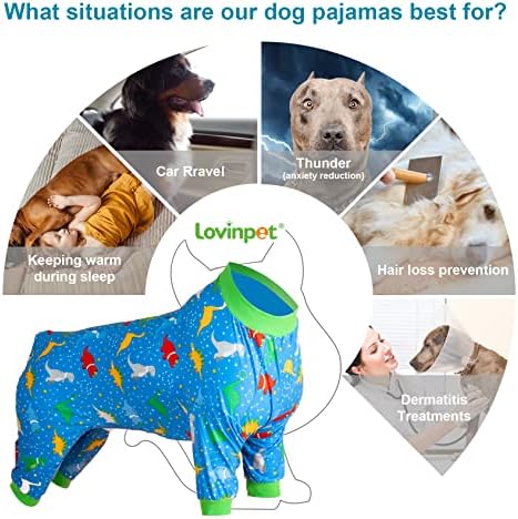 Lovinpet Great Dane PJ para cães - PJs de cães grandes, tecido elástico leve, estampa de dinossauro azul, macacão de cã