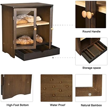 Caixa de pão de bambu natural do ergodesign, caixas de armazenamento de bambu de duas camadas com tampa de tábua de corte, espaço