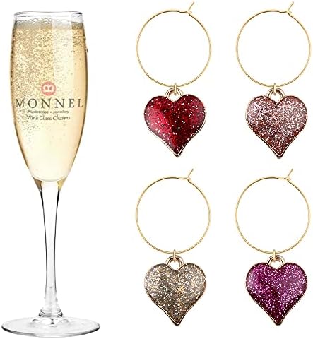 Monnel P501 Variante Little Heart Love Pingents Wine Charms Marker de vidro para festa com Bolsa de Velvet- Conjunto de 4