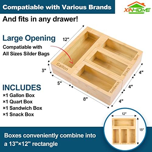 Xinhome Bamboo Ziplock Bag Storage Organizer Dispenser para gaveta de cozinha, compatível com galão, quart, sanduíche e lanche