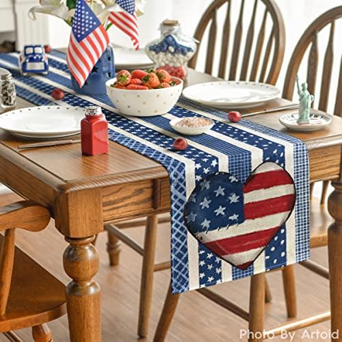 Modo Artóide Patriótico 4 de julho Runner, Memorial Day Love Heart Kitchen Dining Table Decor para decoração de festa em casa ao