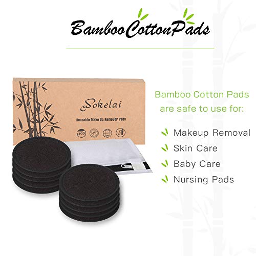 Almofadas de removedor de maquiagem reutilizáveis ​​Black Washable - 10 Pack Bamboo Organic Cotton Rounds para olho de rosto com
