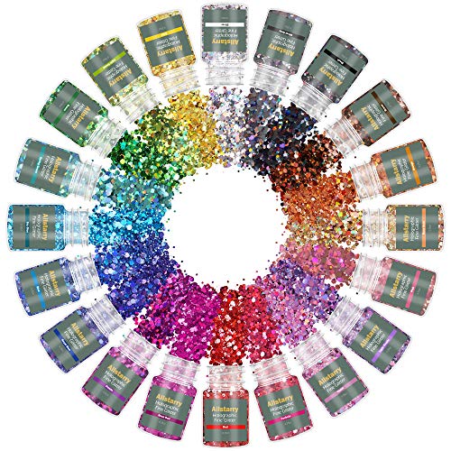 Allstarry holográfico robusto glitter 20 cores Glitter artesanal iridescente 0,35 onças por jarra para resina epóxi, copos, lodo, artes do festival, Decoração de Diy da unha DIY