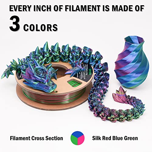 2 pacote filamento de PLA 1,75 mm, impressora 3D Filamento Tri-Colors Rainbow Pla Filamento Silk Pla Red-Blue-Green com seda azul preto 2 kg