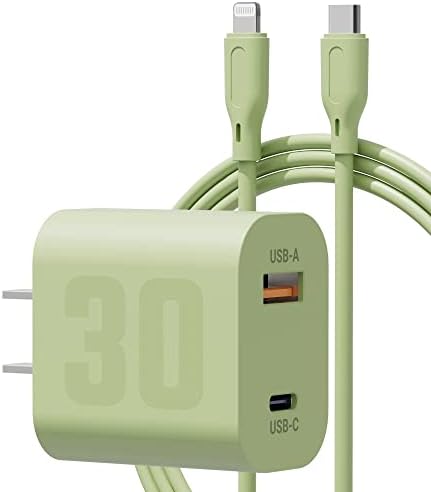 30W USB C Carregador rápido para iPhone, carregando o adaptador de potência de parede de dupla porta com 5 pés USB-C