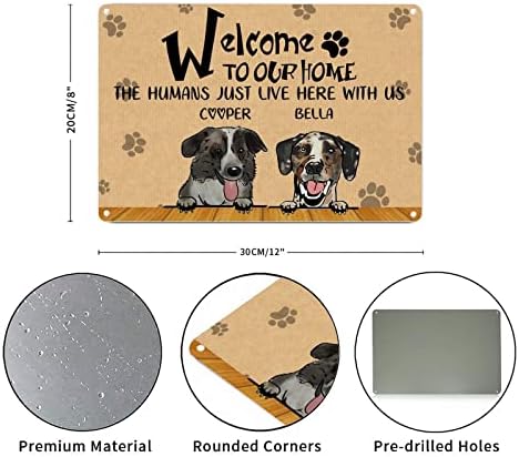 Alioyoit engraçado cão metal placa placa cães personalizados nome bem -vindo à nossa casa Os humanos aqui conosco cabide