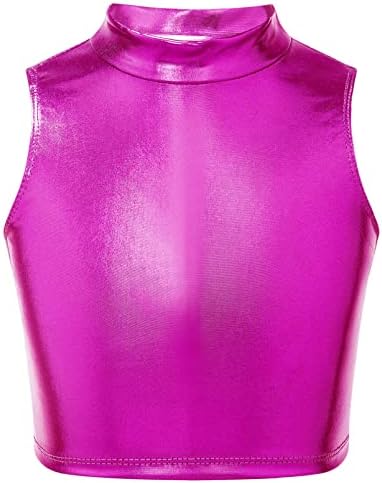 Inzoy Girls Shiny Metallic Top Top Hip Hop Dance Crop Top Athletic Sports Sports Turtleneck Colet colet