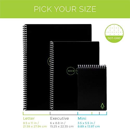 Notebook reutilizável inteligente do Rocketbook, caderno espiral do tamanho da letra, infinito preto, grade de ponto,