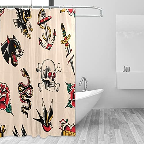 Cortinas de chuveiro XIGUA Cortinas de design de impressão de tatuagem antiga, cortinas de chuveiro de decoração de tecido à prova d'água para banheiro com 12 ganchos ， 66 ”x 72”