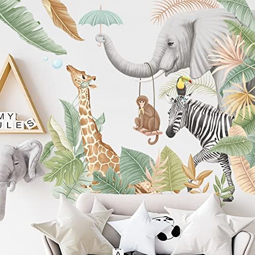 Plantas tropicais de parede decalques de parede Decalques de parede elefante macaco girafa zebra adesivos de parede, crianças infantis, quarto de bebê berçário Diy decesivo decesivo de arte mural da parede