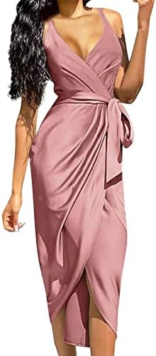 Vestido corporal de mulheres, feminino, sem mangas, com pescoço em camisola envolve cetim com cinto de cetim midi vestido