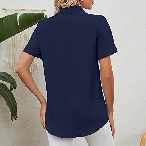 Mulheres 2023 Summer Trendy Button Up Camisetas Blouses de manga curta V Túnicas de cores sólidas de pescoço de pescoço