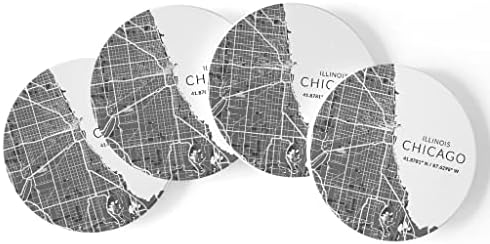 Mapa minimalista de Chicago, Décora de Décé de Decoração de 4 Cerâmica, montanhas-russas de 4 polegadas, conjunto de 4, cortiça