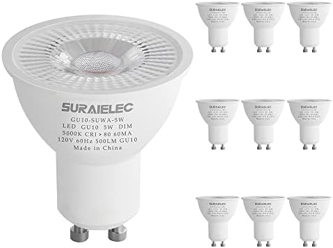 SURAIELEC 10 pacote GU10 LED BULBO DIMMÁVEL, 50W HALOGH Equivalente, brilho branco de 5000k Luz do dia para iluminação