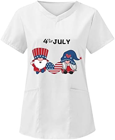 4 de julho Camisas para mulheres bandeira dos EUA T-shirt de manga curta V pescoço com 2 bolsos Blush Top Holiday