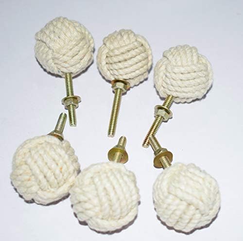 Botões de porta de corda de algodão branco/puxadores de gaveta de nó de corda e botões de puxar e empurrar botões para armários, guarda -roupas e armários/decoração de hardware náutico, 58 mm, conjunto de 6