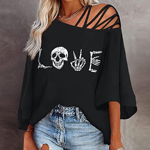 Lounge de Halloween Termal Halloween Tops Teen Girl Short Cotovelo Bell Manga Skew Neck SpandEx SkEletn Bloups Womens O5