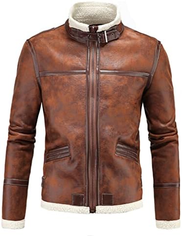 IEPOFG Inverno quente espesso espesso de couro falso casaco de manga comprida Faux Fleece Lined Windsoof Jacket Full Zip Motorbiker
