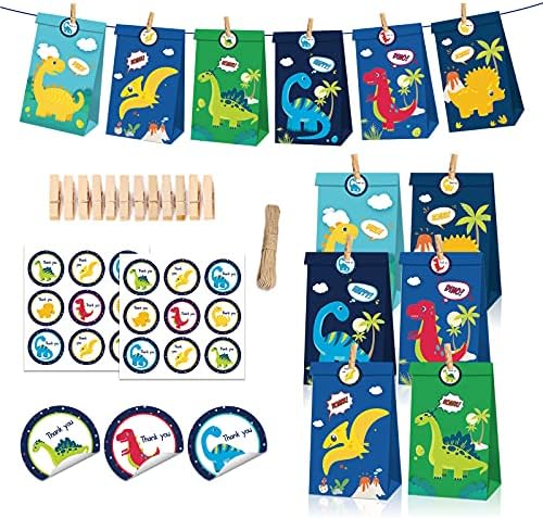 Cosfan Animal Goodie Bags Dinosaur Candy Treat Sachs for Kids Dino -tema -presente Sacos de presente com adesivos Favory