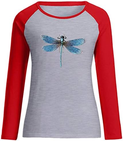 Sorto para feminino Raglan Crewneck Tops Tops fofos de dragonfly impressão camisa de camisa colorida bloco de manga
