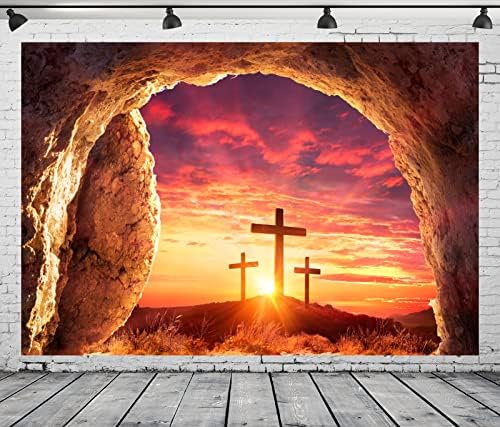 BELECO 7x5ft Fabric Páscoa Jesus Cross Cave cenário Jesus Cristo Túmulo vazia Três cruzes colina