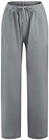 DSODAN SHET CASual Slit Palazzo Pant com bolsos calças de linho de algodão feminino Coloque as calças de perna larga
