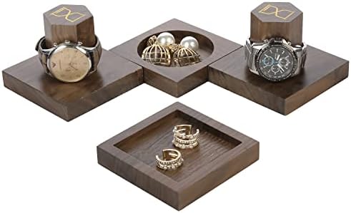 MyGift Premium Solid Walnut Wood Watch Helder Jewelry Bracelet Stand Stand com pedestal removível e bandeja de anel, 6 peças Organizador de jóias de vaidade, bandeja de captura